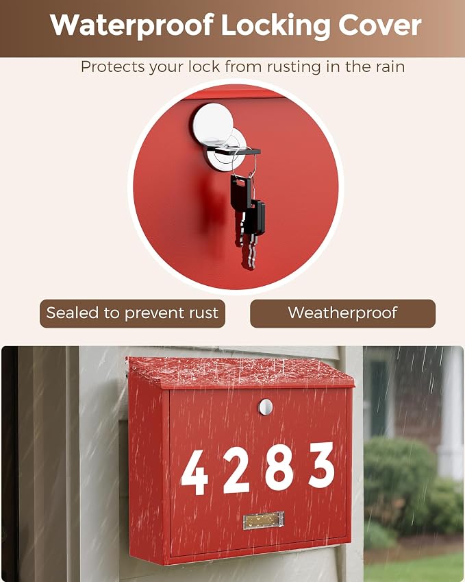 LAND·VOI Locking Wall-Mount Mailbox for Outside, with 4 Keys, Galvanized Steel Rustproof Metal Postbox, 4" Dx13.8 Wx11.2 H, Includes 3 Sets of Mailbox Numbers, Nameplate, Red