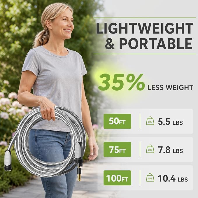 SPECILITE Expandable Metal Garden Water Hose 100 FT with Adjustable Nozzle | 1.5X Expandable, 304 Stainless Steel Heavy Duty, Flexible, Kink Free, Leak-Proof, Lightweight, for Reel Outdoor Yard Car Wash