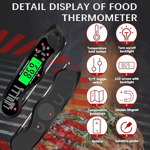 Cooking Thermometer，IP67 Waterproof Meat Thermometer Digital | Backlight，Magnetic attraction，Hold Function，Instant Read，LED screen，for Cooking,Outdoor Grilling