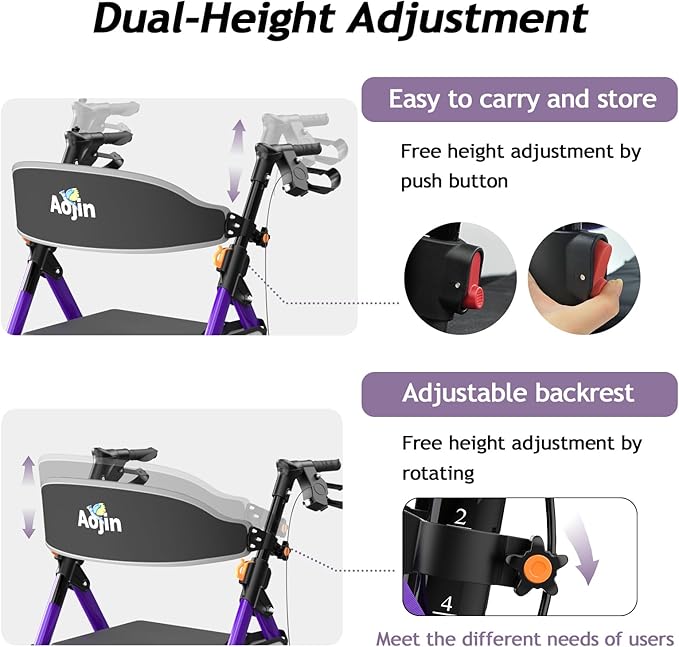 Lightweight Foldable Rollator Walkers with Seat for Seniors, 350 lb Capacity, 8'' Wheels, 17.7" Big Seat, 6-Position Adjustable Height, Ultralight Aluminum Frame Rolling Walker (Purple)