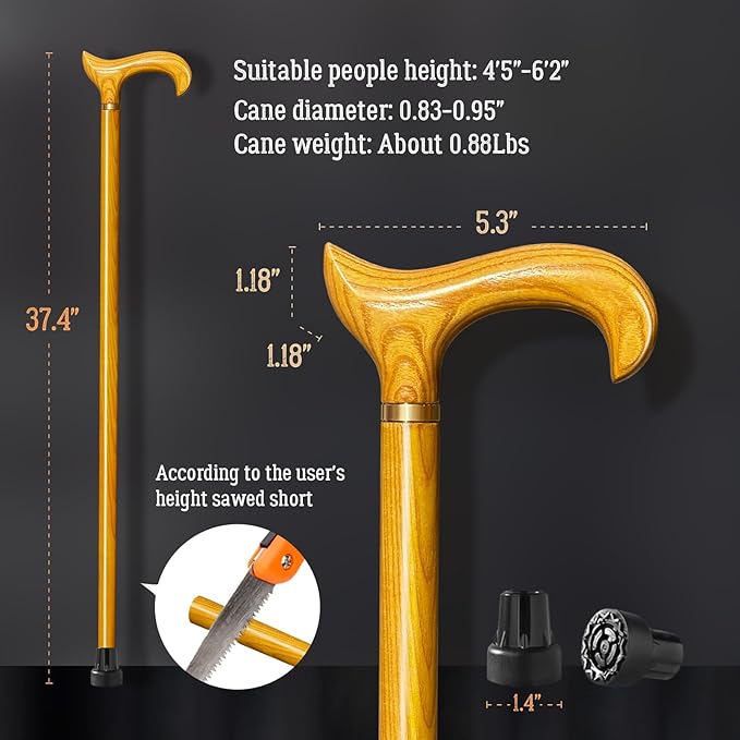 Wooden Walking Cane for Men and Women -Natural Solid Wood, 3 Rubber Tips, Heavy Duty, with Travel Bag- Wooden Walking Stick, Ergonomic Canes for Seniors Unisex Walking Canes