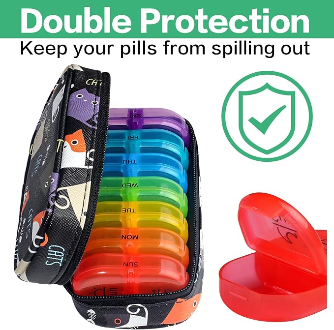 Serfeymi Weekly Travel Pill Organizer 2 Times A Day AM PM Upgraded Rainbow Pill Box 7 Day with Portable Zipper PU Leather Pill Case, Medicine Organizer for Pills, Vitamins, Fish Oils - Black 02