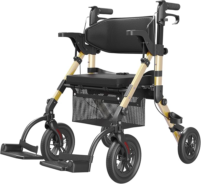 VOCIC Walkers-for-Seniors, Rollator-Walker-with-Seat, Transport-Wheelchair-Lightweight-Foldable, Adult Rolling Walker, Rollator Transport Chair with Brakes, 2 in 1 Walker Wheelchair Combo Z51
