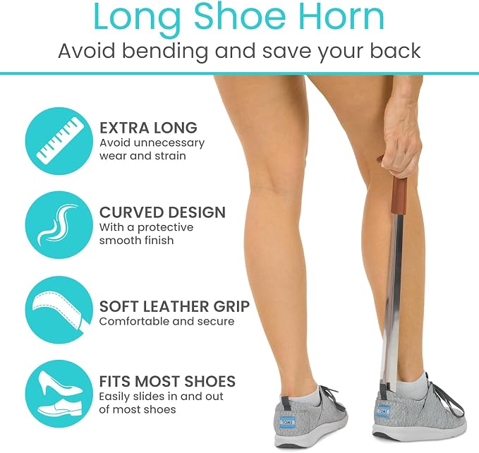 Vive Long Shoe Horn (2 Pack) - Metal Shoehorn for Men, Women, Kids, Travel, Boot - Large Extended Mobility Reach Stainless Steel Leather Handle - Dress Assist for Handicap, Elderly, Seniors (16.5 in) | Boot - Large Extended Mobility Reach Stainless Ste...