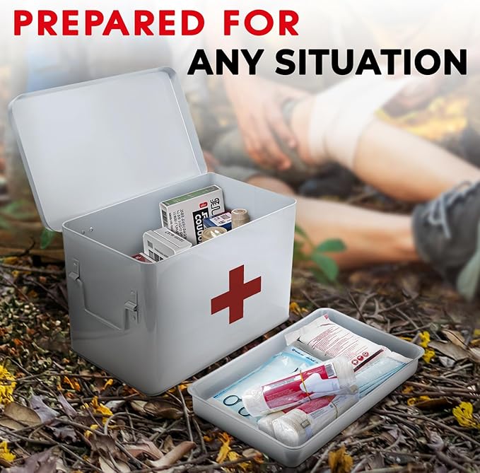 Plexon 8.5" Metal First Aid Box Empty, Medicine Storage Bin with Lid, Emergency Supplies Organizer, Portable First Aid Kit Case, White