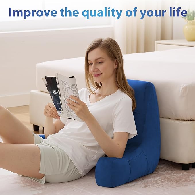 Reading Pillow with Arms for Adults, Back Pillow for Bed Sitting Up, Shredded Memory Foam Backrest Pillow with Pockets & Removable Washable Cover, Lounging, Watching TV, Reading(20inch Navy)