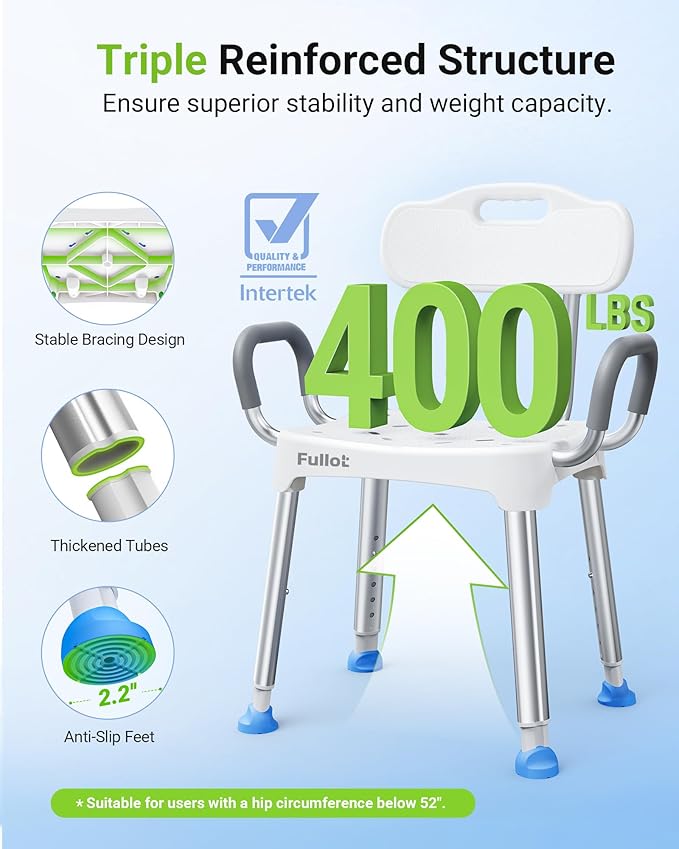 Widened Shower Chair for Inside Shower with Back & Arms,400 lbs Heavy Duty & Adjustable Shower Chair for Elderly and Disabled, Non-Slip Shower Seat, Tub Bath Chair, Tool-Free