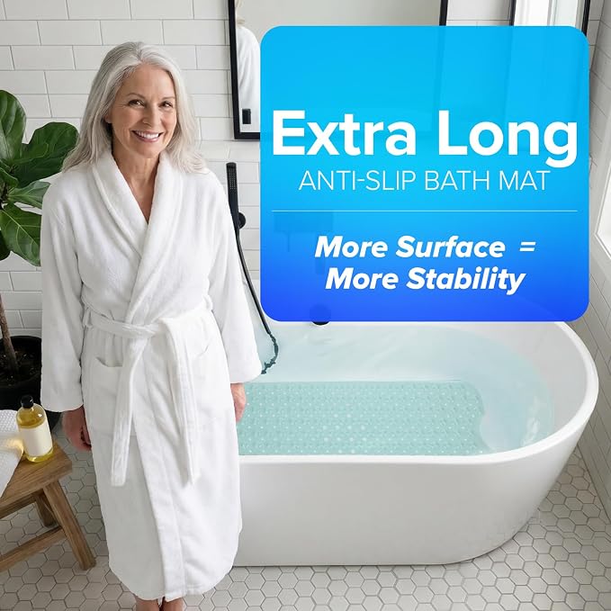 SlipX Solutions Power Grip Extra Long Bath Tub & Shower Mat 39x16, Wet Floor Non-Slip for Elderly & Kids Bathroom, 30% Longer Bathtub Mats, 200 Suction Cups, Drain Holes (1, Translucent Light Green)