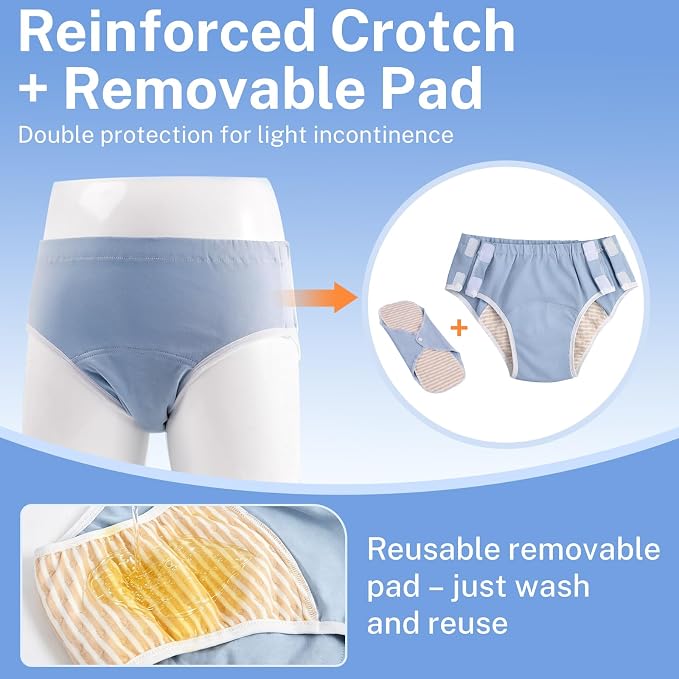 Reusable Adult Diapers,Washable Incontinence Underwear for Women – Reusable Leak Proof Cotton Briefs with Removable Pads, Waterproof Overnight Protection, Easy Open Side Tear Away Closure