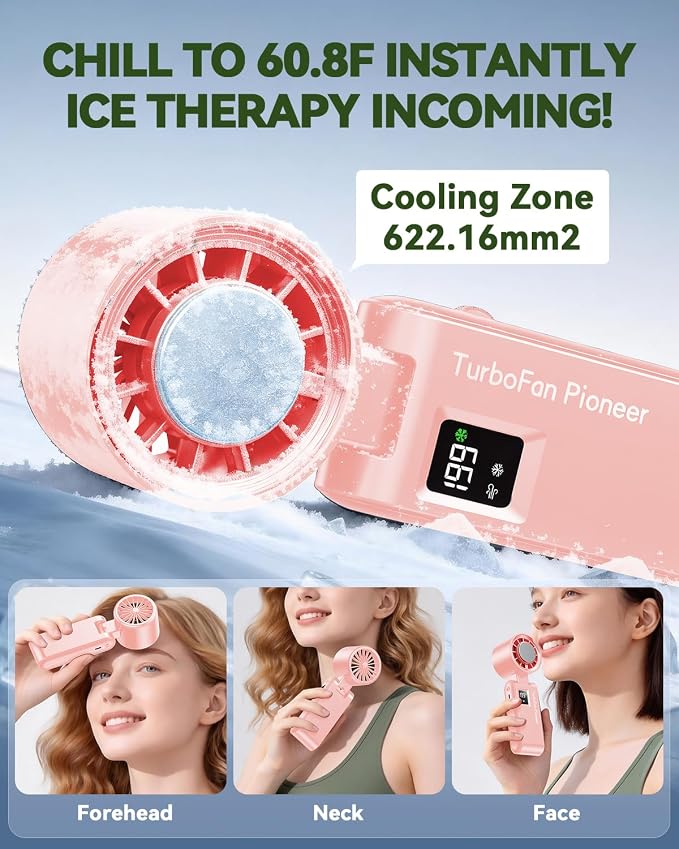 Portable Handheld Fan with Ice Cooling, 7.5m/s High Speed Turbo Fan, 150° Foldable 4-in-1 Personal Neck Fan, 199 Speed Stepless Control, USB-C Rechargeable for Travel, Makeup, Hiking,Pink