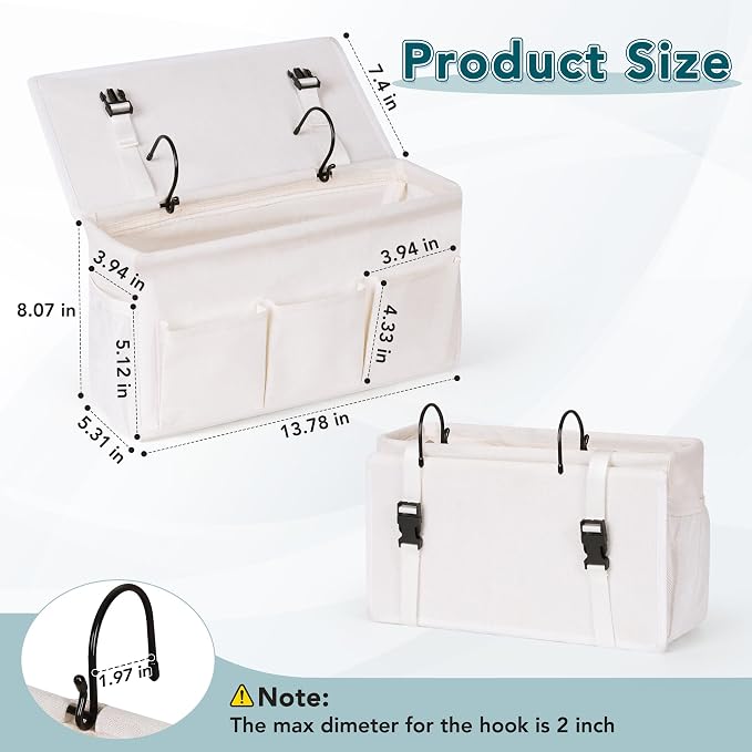 Bedside Caddy Storage Organizer for Bed Rails, Bed Caddy with 6 Pockets | Bedside Organizer with Fixed Straps and Hooks, Mattress Supported Versatile for Home, Dorm, Bunk, Hospital and Crib Bed