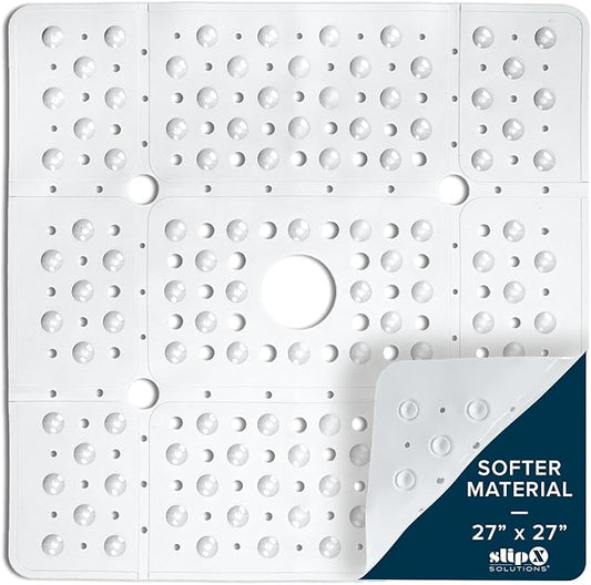SlipX Solutions 27" Oversize Square Shower Mat, Non-Slip Mat for Elderly & Kids, 100+ Power Grip Suction Cups for Smooth Surfaces, Machine Washable, White