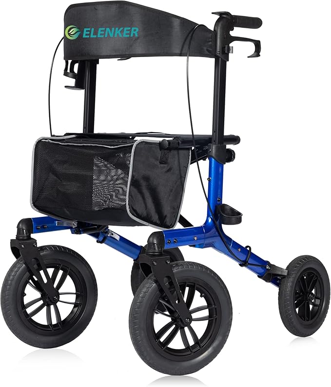 ELENKER All-Terrain Rollator Walker with Non-Pneumatic Tire 12” Front Wheels, Compact Folding Design for Seniors, Blue