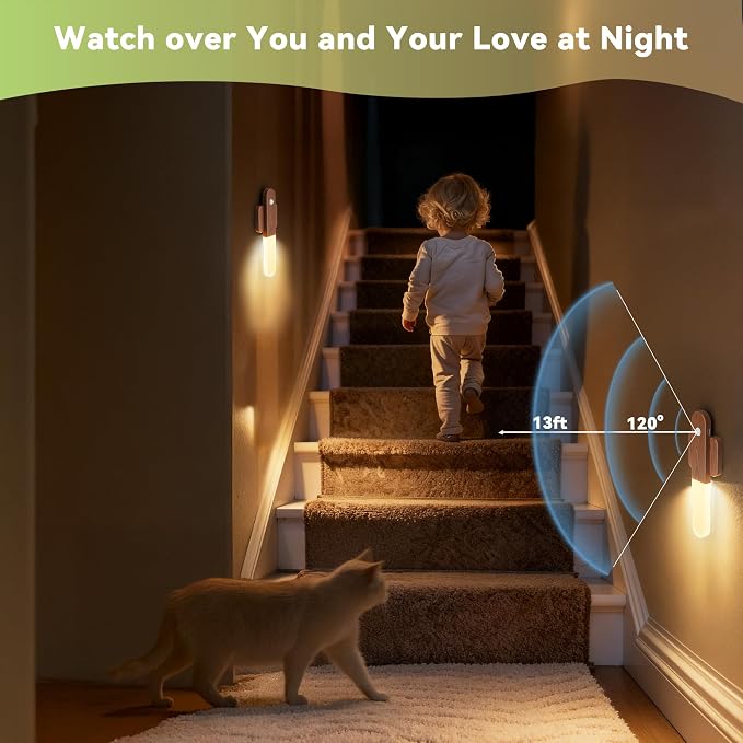Battery Operated Motion Sensor Wall Sconces Set of 3, Motion Sensor Wall Light Wireless, Magnet Rechargeable LED Lights, Stairs Lights, Decor for Bedroom, Hallway, Living Room, Closet (Walnut Wood)