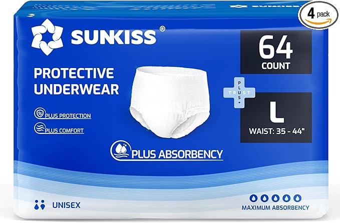 SUNKISS TrustPlus Incontinence Disposable Underwear for Men and Women, Adult Pull Ups with Heavy Absorbency, Leak Protection, Odor Control, Large, 64 Count (4 Packs of 16)