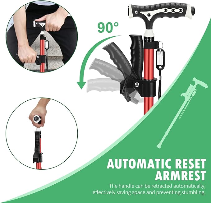 Hold 440 Lbs Walking Cane for Men & Women Aluminum Alloy Lightweight Height Adjustable Walking Stick Heavy Duty Foldbale Free Standing Cane with LED for Seniors Adults