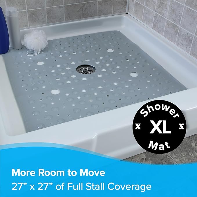 SlipX Solutions 27" Oversize Square Shower Mat, Non-Slip Mat for Elderly & Kids, 100+ Power Grip Suction Cups for Smooth Surfaces, Machine Washable, Solid Gray