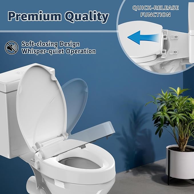 Huttdmel Raised Bidet Toilet Seat Elongated 18.5" – Soft Close, Dual Self-Cleaning Nozzles, Quick Release & Connect, Sturdy PP, Won't Loosen, Ideal for Seniors, Elderly & Limited Mobility, White