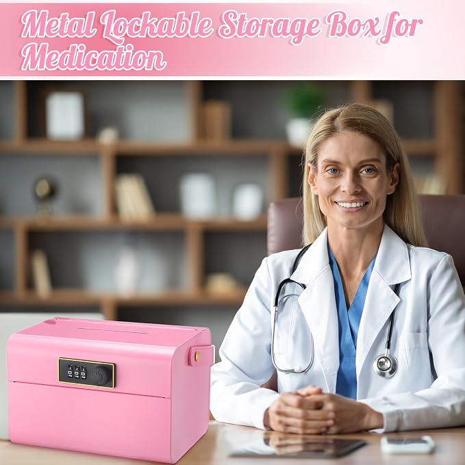 Honeydak Lock Box for Medication Metal Small Medicine Safe Pill Storage Box Portable Medicine Organizer with Combination Code and Handle for Refrigerator Fridge First Aid(Pink)