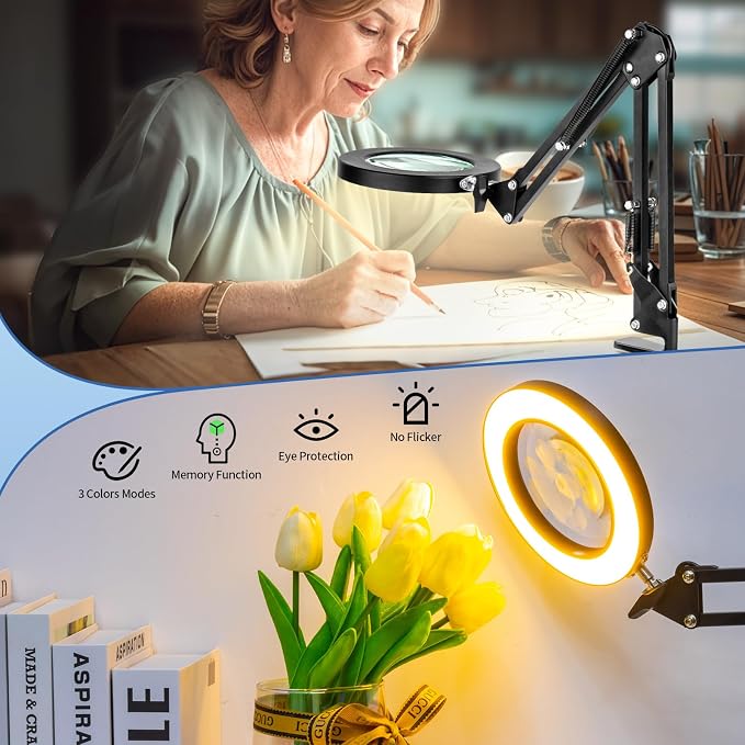 HITTI 10X Magnifying Glass with Light and Stand, Stepless Dimming 3 Color Modes LED Magnifier Lighted Glass, Hands Free Desk Lamp with Clamp for Reading Repair Crafts Close Work