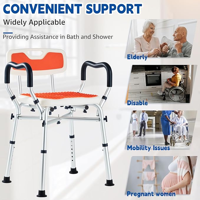 Shower Chair for Inside Shower, Padded Shower Seat Chair with Arms and Back, 6-Level Adjustable Shower Stool Chair for Elderly and Disabled, 550 LB Heavy Duty Handicap Shower Bath Chair