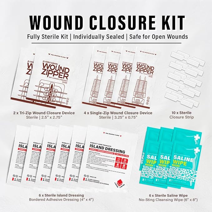 EVERLIT CARE Wound Closure Kit | 28 Pcs All-in-One First Aid with Suture-Free, Stitchless Zip Devices, Butterfly Bandages, for up to 6" Wounds | 100% Sterile Medical Supplies to Clean, Cover & Heal