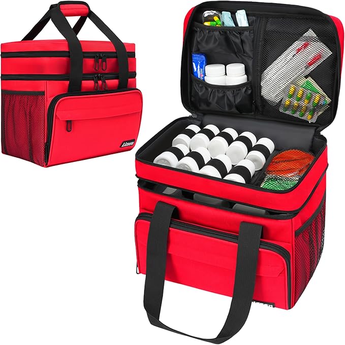 Large Medicine Storage Bag, Double Layer Pill Bottle Organizer Storage Bags with Lockable Zipper, Medication Travel Bag Carrying Case for Men Women (Red)