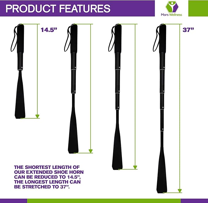 MARS WELLNESS Extended Shoe Horn with Extra Long Handle for Seniors - 14.5" to 37" Retractable Metal Shoe Horn - Soft Grip, Travel Friendly, Collapsible Aluminum Hip Kit - Great Gift for Elders