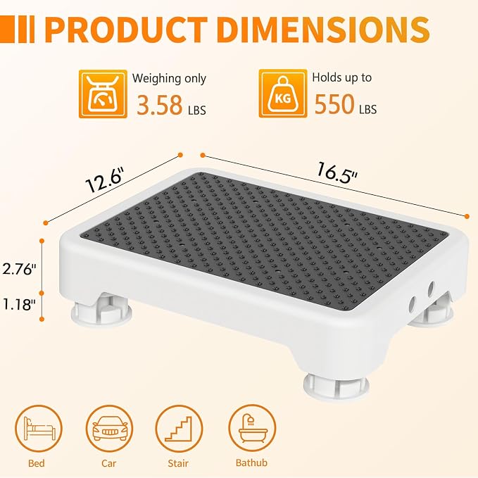 Ronlap One Step Stools for Adults, Portable Safety Step Platform for Seniors Small Plastic Bedside Step Stool Mobility Wide Step Stools Elderly Assistance for Shower Bed Car Stair Outdoor, White-Black