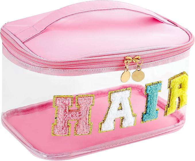 Personalized Chenille Letter Clear Hair Makeup Bag, Large Size Waterproof Nylon Cosmetic Toiletry Storage bag with Top Handle, Transparent Meds Hair Travel Organizer Cosmetic Bag(06Hair-Pink)