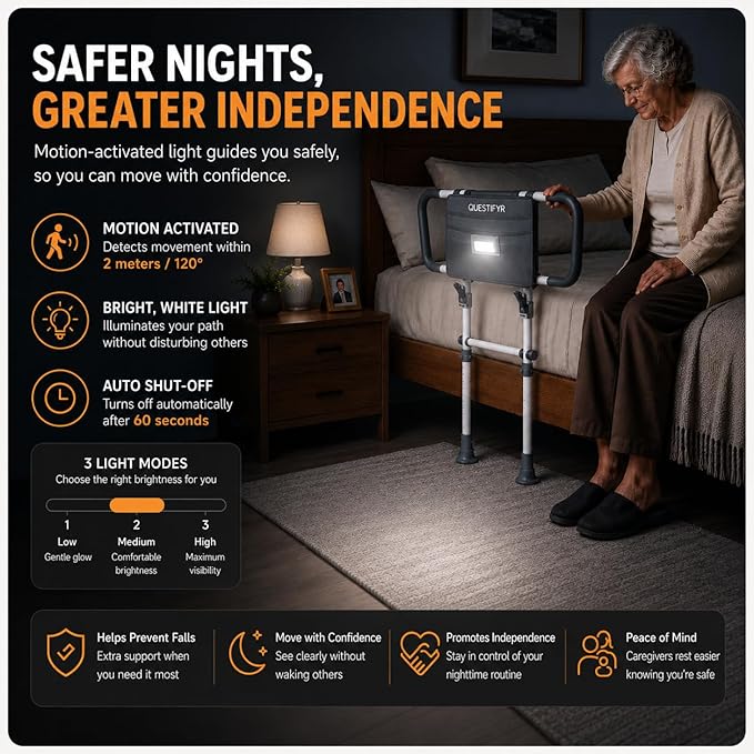 Bed Rails for Elderly Adults, ASTM Compliant Foldable Bed Assist Rail | 350 lb support, motion sensor light, storage bag, adjustable height, fits Twin, Full, Queen and King beds