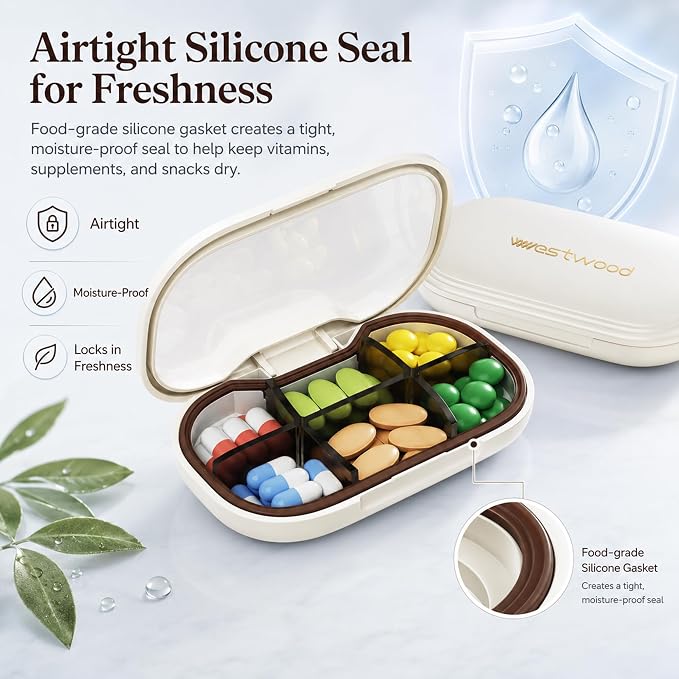 HyJeryty 6-Compartment Pill Organizer - Small Compact Travel Pill Case for Vitamins, Medication and Supplements - Portable White Medicine Pill Box with Stylish Design
