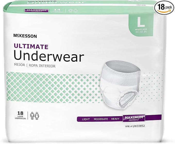 McKesson Ultimate Adult Incontinence Underwear, [18 Count], Large, 44-58 in. Maximum Absorbency, Unisex Bladder Leak Protection, Pull-On Style with Tear-Away Sides, Postpartum and Incontinence