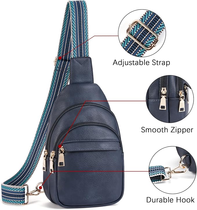 BOSTANTEN Sling Bag for Women Leather Crossbody Bags Fanny Pack Chest Bag for Travel | Adjustable Wide Strap, Small, Anti Theft, Lightweight, Multi Pockets and Carrying Way, Card Slot, Cute Trendy for Everyday