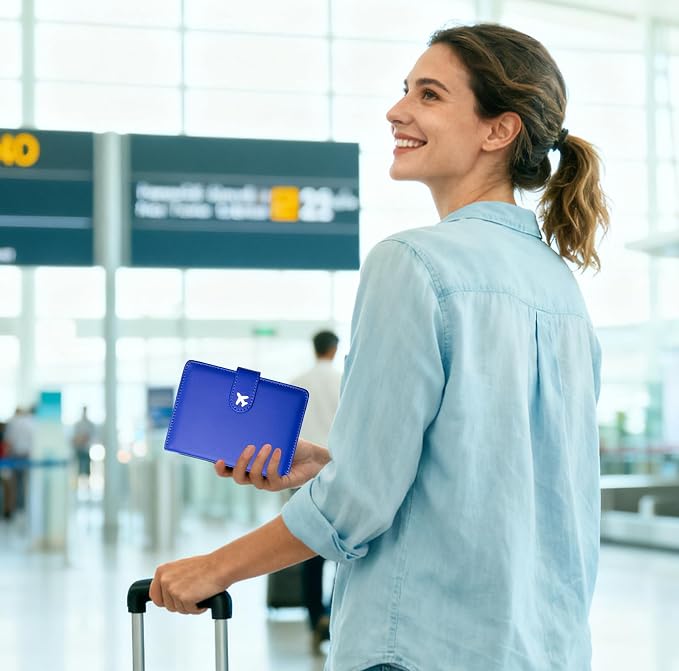 Passport Holder, Cute Travel Wallet Cover with RFID Blocking,Blue | PU leather travel wallet with magnetic closure, card slots, pen loop, and easy access for passports and essentials.