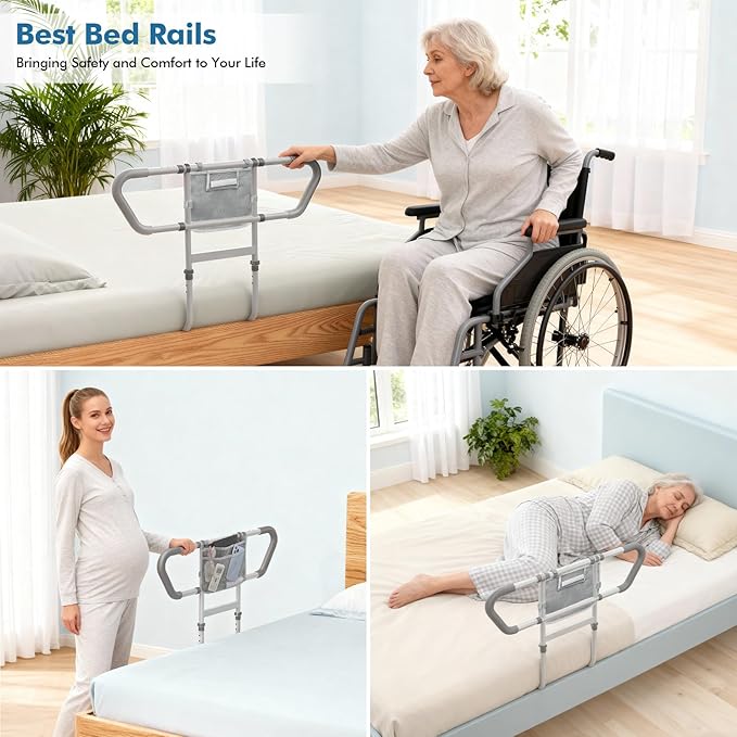 Bed Rail for Elderly Adults Safety – Bed Rails for Seniors Safety, Adjustable Bedside Assist Rail with Storage Pocket, Non-Slip Handle, Motion Sensor Night Light, Heavy-Duty 400LB Support