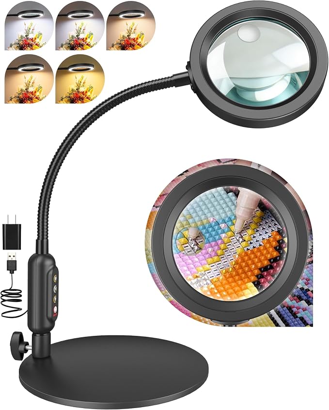 30X 10X Magnifying Glass with Light and Stand, 5 Color Modes Stepless Dimmable, Optical Grade HD Lens, LED Lighted Magnifier Hands Free with 20.5in Flexible Gooseneck for Close Work - Black