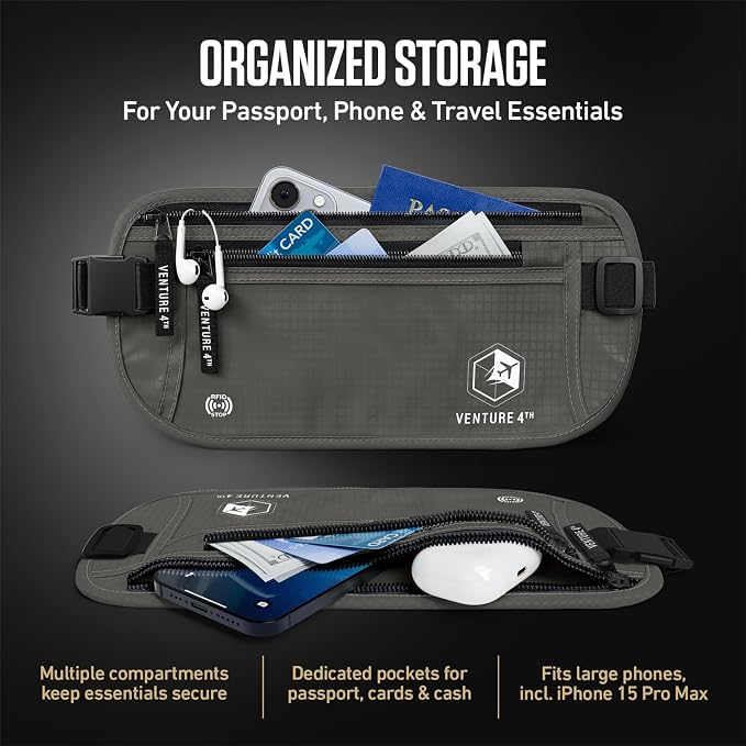 VENTURE 4TH Travel Money Belt, RFID Blocking Passport Holder - Gray