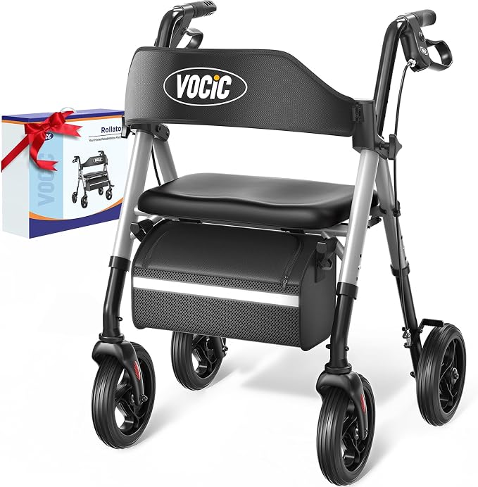 VOCIC Z21 Rollator Walker for Seniors with Seat, 8" All Terrain, 350 LBS | Lightweight Foldable & Dual Height Adjustable for Seniors, Ergonomic Arc Seat&6" Ultra Backrest Provide Comfort, Silver