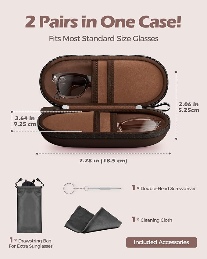 ProCase Hard Double Sunglasses Glasses Case for Men Women -Chocolate | Hard EVA Shell Shockproof Dual Eyeglass Case with Metal Hook Velvet Lining, Travel Zipper Organizer for Couple Gifts