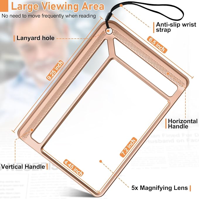 AKKYCVS 5X Full Page Magnifying Glass for Reading, Lightweight Rectangular Magnifier Provides Large Book Page Viewing Area, Handheld Magnifier for Reading Small Print for Seniors, Low Vision-Rose Gold