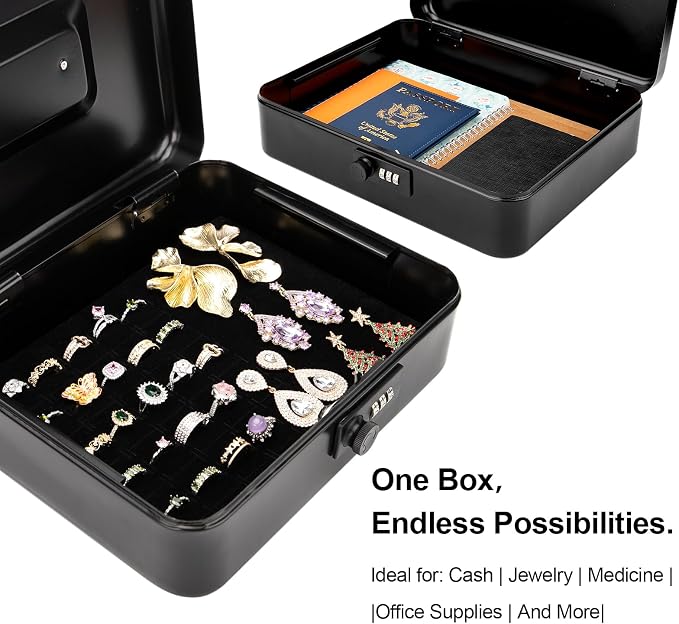 Jssmst X- Large Cash Box with Combination Lock - Durable Metal Cash Box with Money Tray, Black, 11.81 x 9.84 x 3.46 inches, CB0701XLN