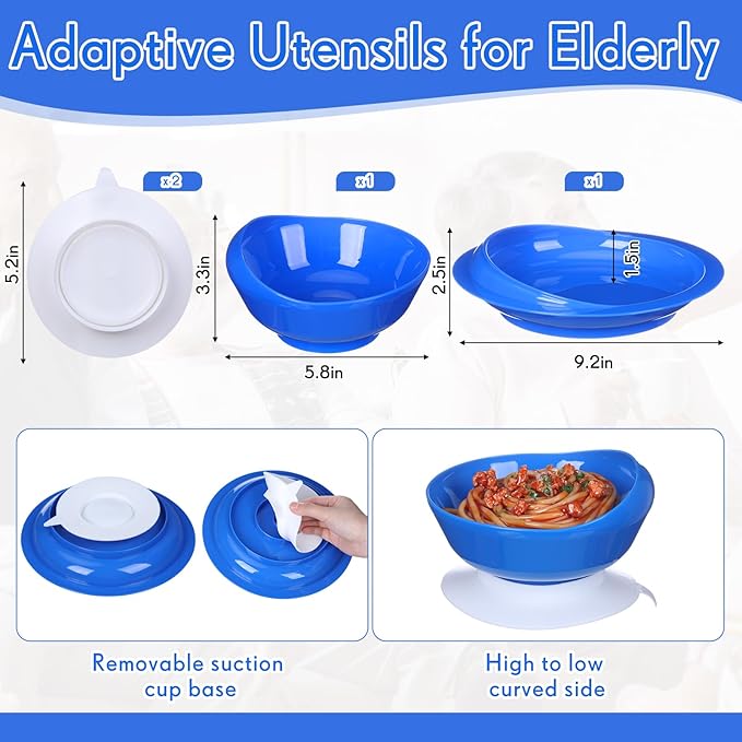 6 Pcs Adaptive Utensil with Bib Bowl Plate Set Weight Cutlery Gift for Christmas Elderly Disabled Arthritis Parkinson(Blue)