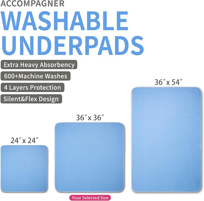Accompagner Incontinence Bed Pads Washable Waterproof, Ultra-Absorbent Reusable Underpads for Diaper Changing, Nursing, Bedridden, Adults, Seniors, Kids and Dogs (Blue, 36"x36"(Pack of 6))