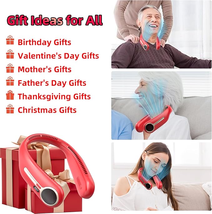 Portable Neck Fan, Personal Wearable Bladeless Fan, 6000mAh USB Rechargeable, 360° Airflow, LED Display, 4-Speeds, Hands Free Fan for Outdoor Indoor, Birthday Gifts for Men Women Dad Mom (Red)