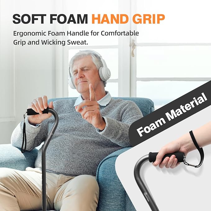 BeneCane Quad Cane Adjustable Walking Cane with Offset Soft Cushioned Handle for Men & Women Lightweight Comfortable with 4-Pronged feet for Extra Stability