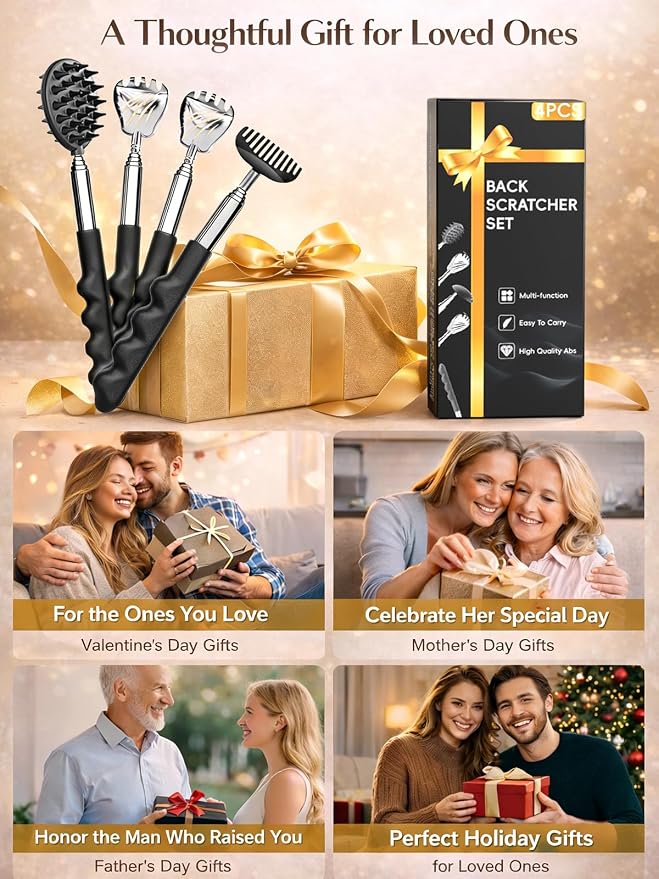 Gumry Telescoping Back Scratcher, 5 Detachable Heads, Gift for Men Black