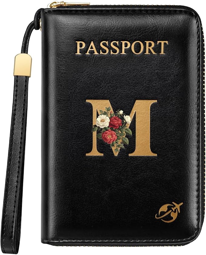 Passport Holder for Travel Personalized Wallet with Wristlet Women | Passport Cover, RFID Blocking, Passport Book Holders, Back Coin Pocket, Zipper Closure, Roses Initial Letter, Black M