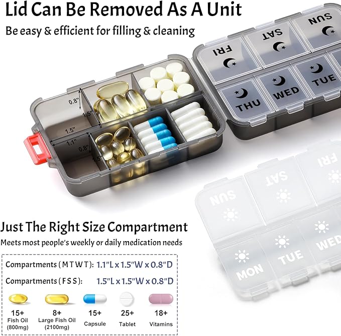 Foldable & Portable Weekly Pill Organizer 2 Times a Day with Clear Printed Labels - 7 Day AM PM Medicine Box, Week Daily Travel Pill Case Holder for Medications, Vitamin, Supplement - Clear Black