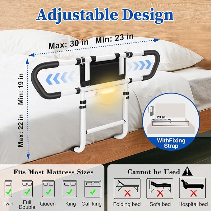 Bed Rails for Elderly Adults, Bed Handrails Grab Bar with Pouch | Fits Twin/Full/Queen/King. Heavy-duty steel, 400-lbs. Non-slip grip. Tool-free install either side. Ideal for seniors